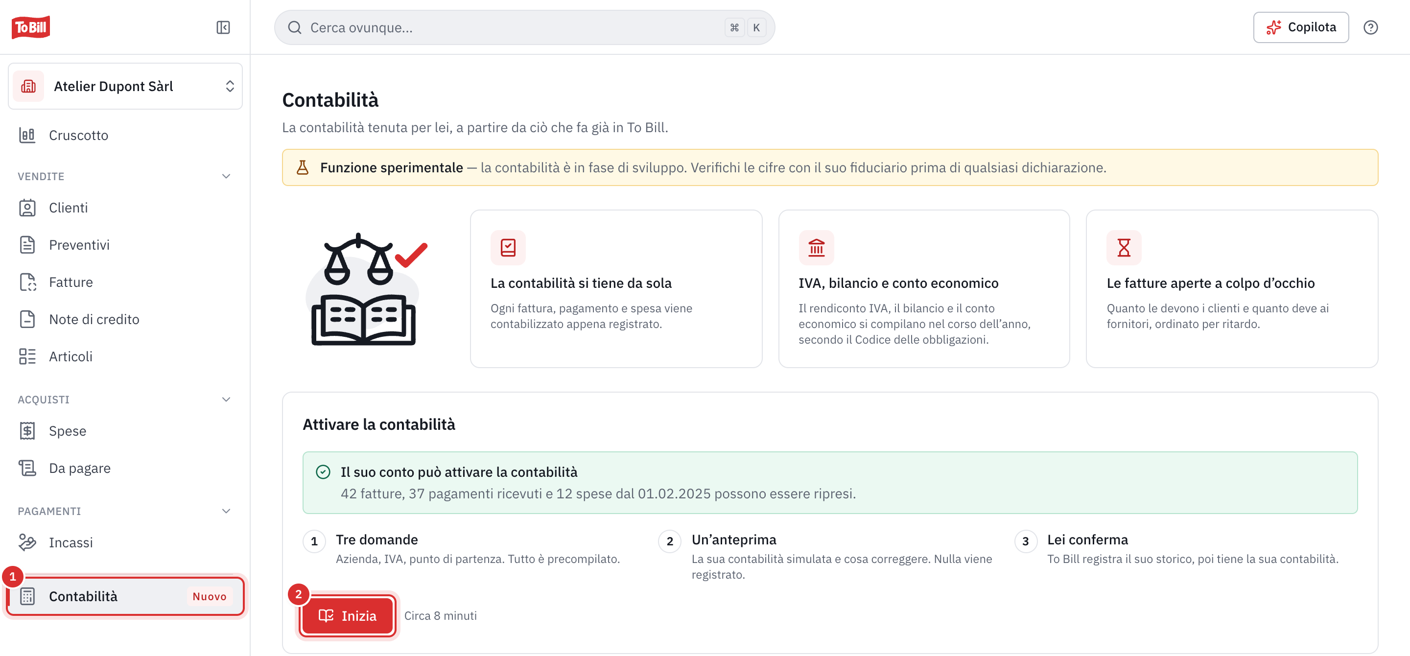 La pagina Contabilità prima dell’attivazione: la voce di menu Contabilità contrassegnata con Nuovo e il pulsante Iniziare.