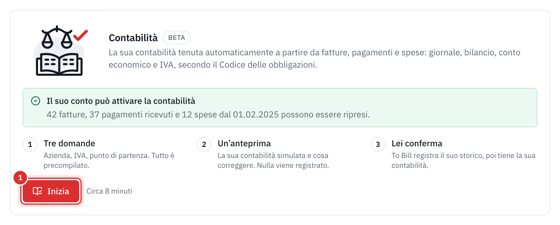 La scheda Contabilità in Impostazioni, Moduli, con il pulsante Iniziare.