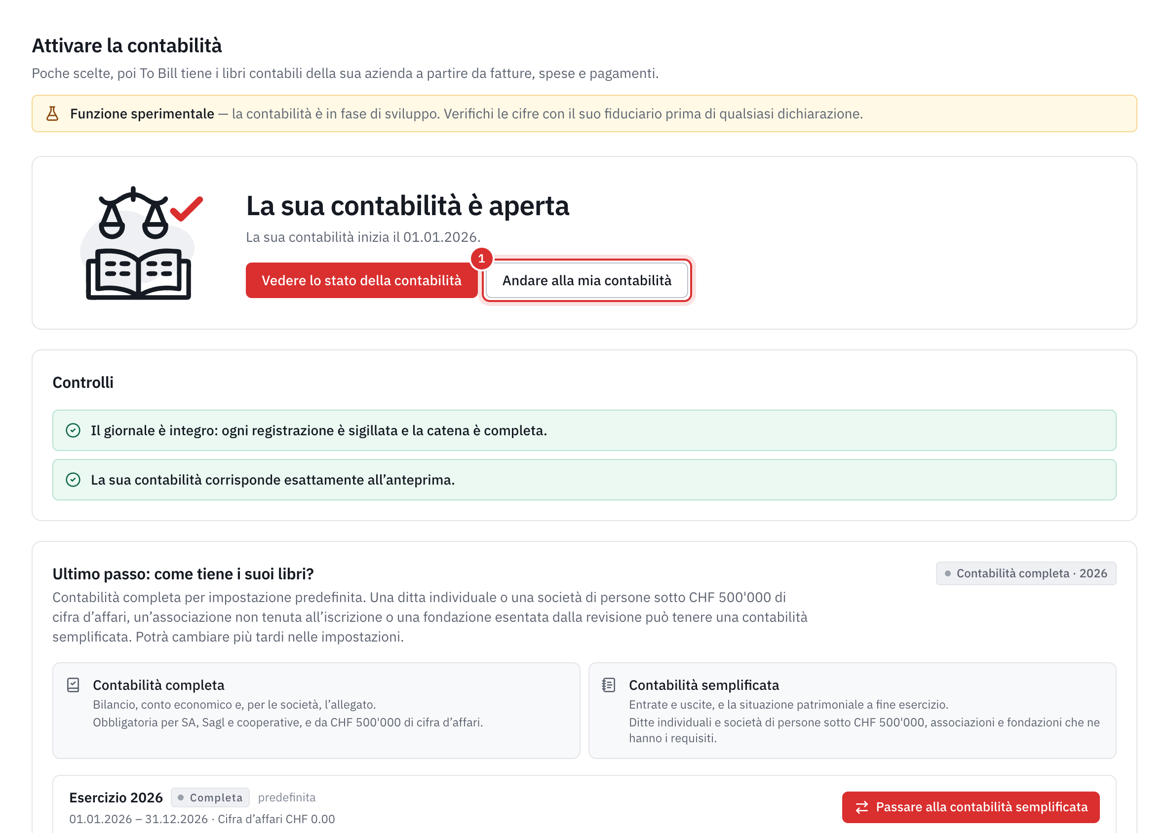 La schermata La sua contabilità è aperta, con i controlli e la scelta del tipo di tenuta dei libri.