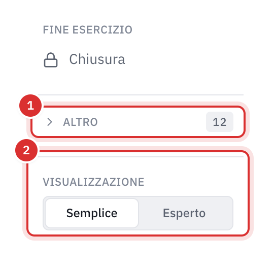 Il fondo del menu della contabilità: il gruppo Altro chiuso, con il numero di giustificativi in attesa, e la scelta della visualizzazione Semplice o Esperto.