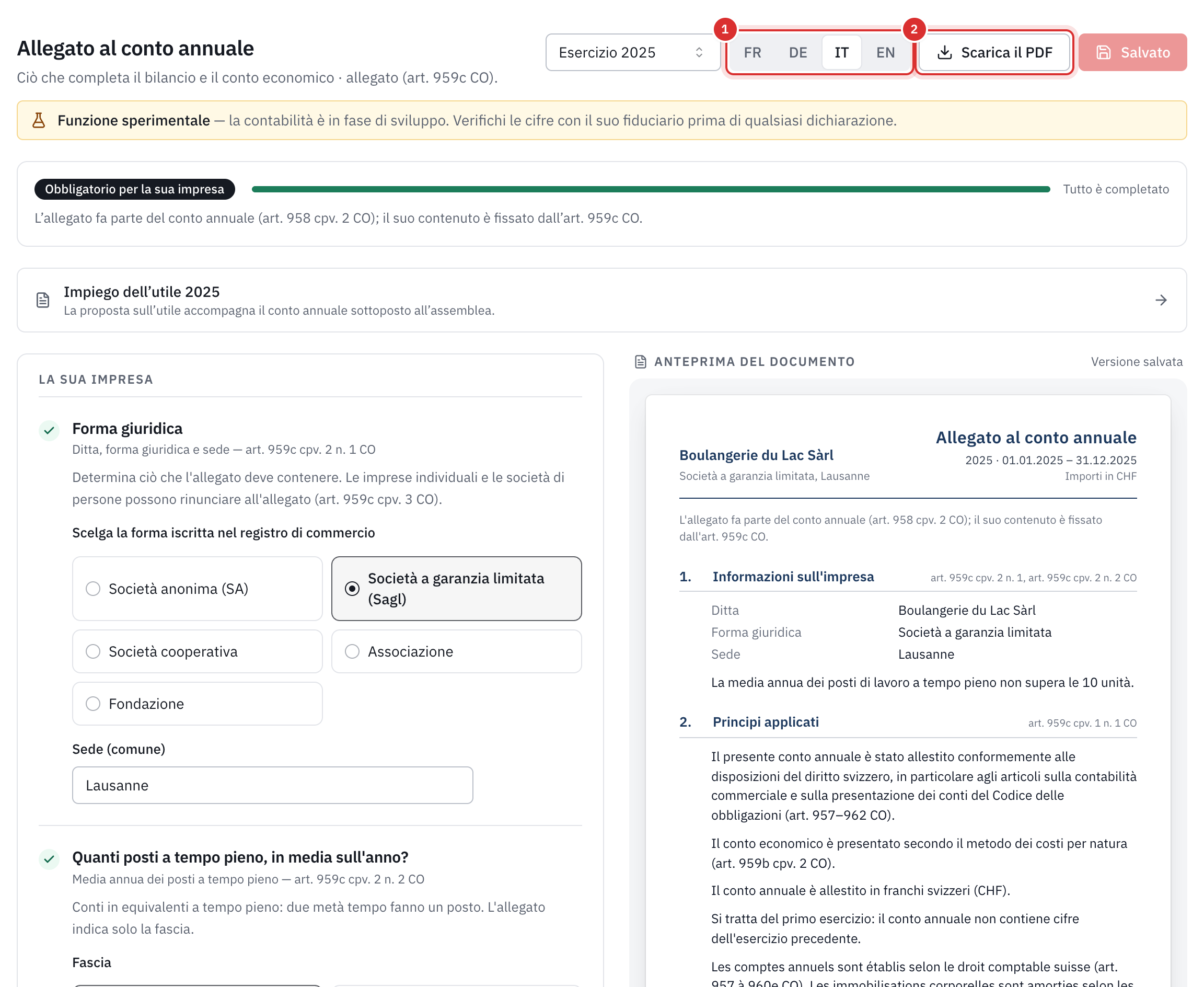 L’allegato 2025: la lingua del documento, il pulsante Scarica il PDF, la barra Tutto è completato, le domande sull’azienda a sinistra e l’anteprima del documento a destra.