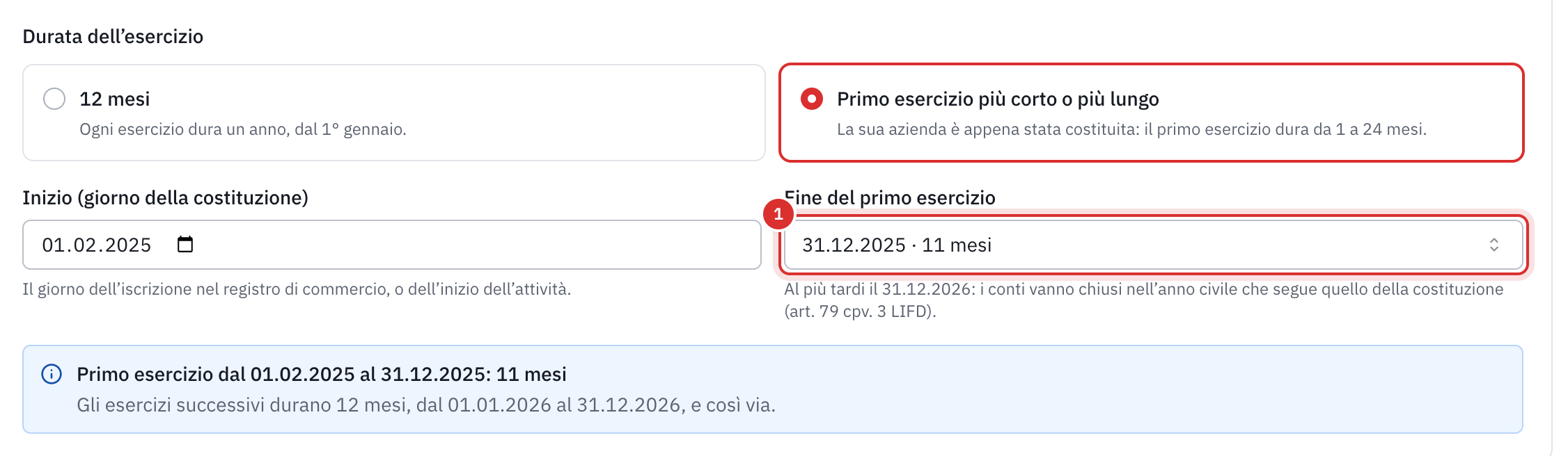 Il suo primo esercizio: Primo esercizio più corto o più lungo scelto, dal 01.02.2025 al 31.12.2025, cioè 11 mesi.