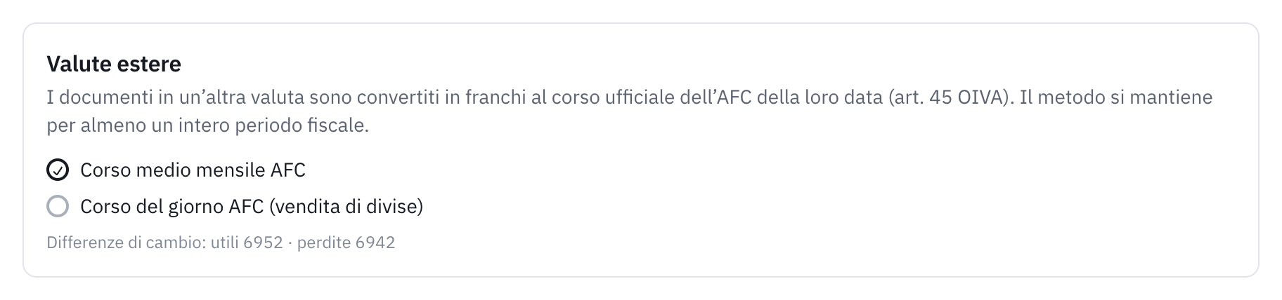 La scheda Valute estere delle impostazioni: il corso medio mensile dell’AFC scelto, il corso del giorno come opzione e i conti delle differenze di cambio.