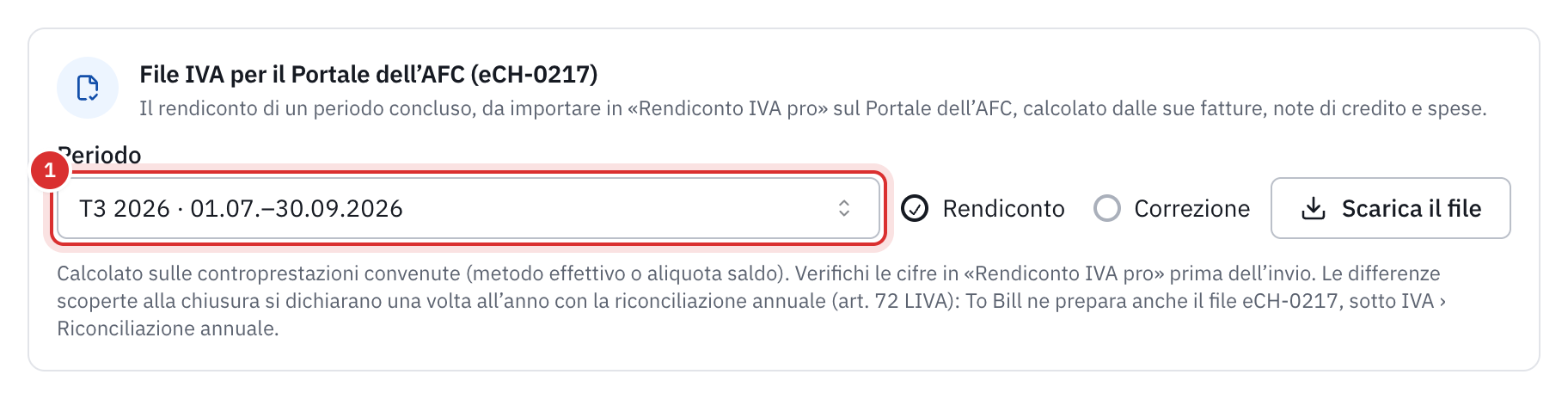 La scheda File IVA per il Portale dell’AFC (eCH-0217) delle esportazioni: il periodo, il tipo Rendiconto o Correzione e il pulsante Scarica il file.