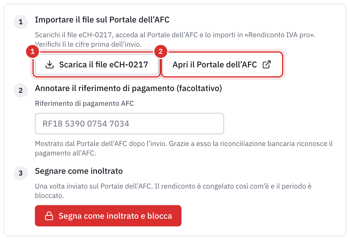 Il passaggio Importare il file sul Portale dell’AFC, con i pulsanti Scarica il file eCH-0217 e Apri il Portale dell’AFC.