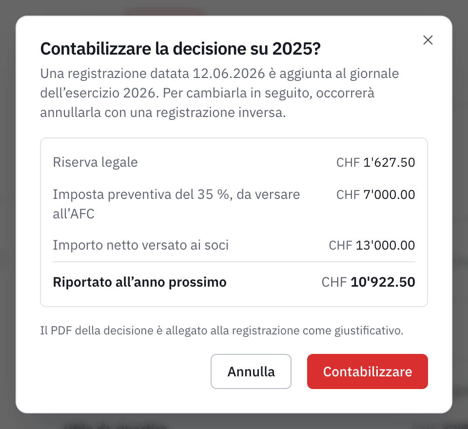 La finestra Contabilizzare la decisione su 2025?: la registrazione datata 12.06.2026, la riserva legale, l’imposta preventiva, l’importo netto e il riporto.