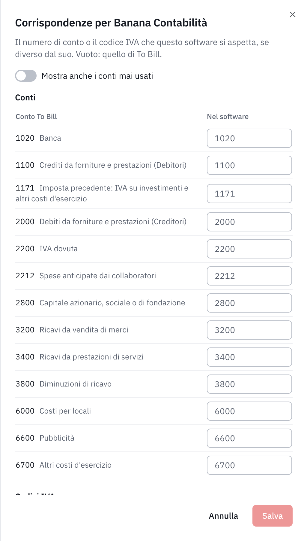 La finestra Corrispondenze per Banana Contabilità: i conti utilizzati e i codici IVA, con il valore atteso dal software.
