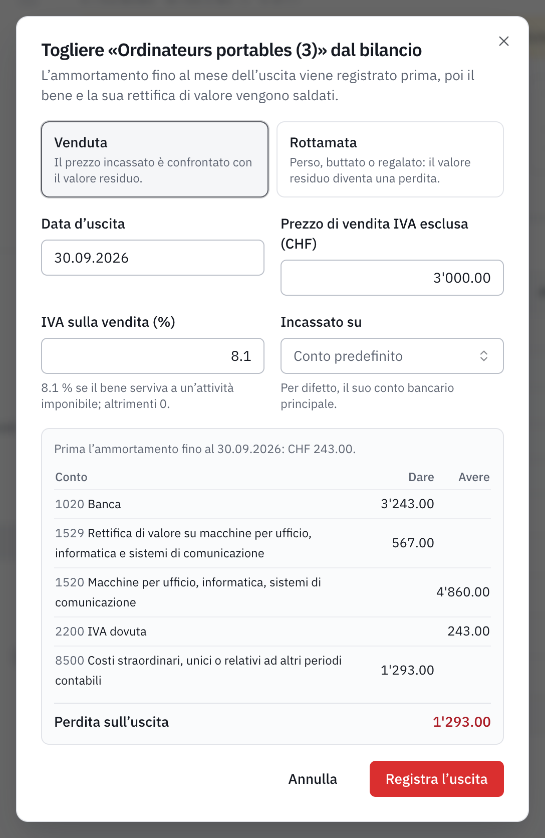 La finestra d’uscita di computer venduti a CHF 3'000 IVA esclusa: l’ammortamento fino all’uscita, la registrazione proposta e la perdita sull’uscita.