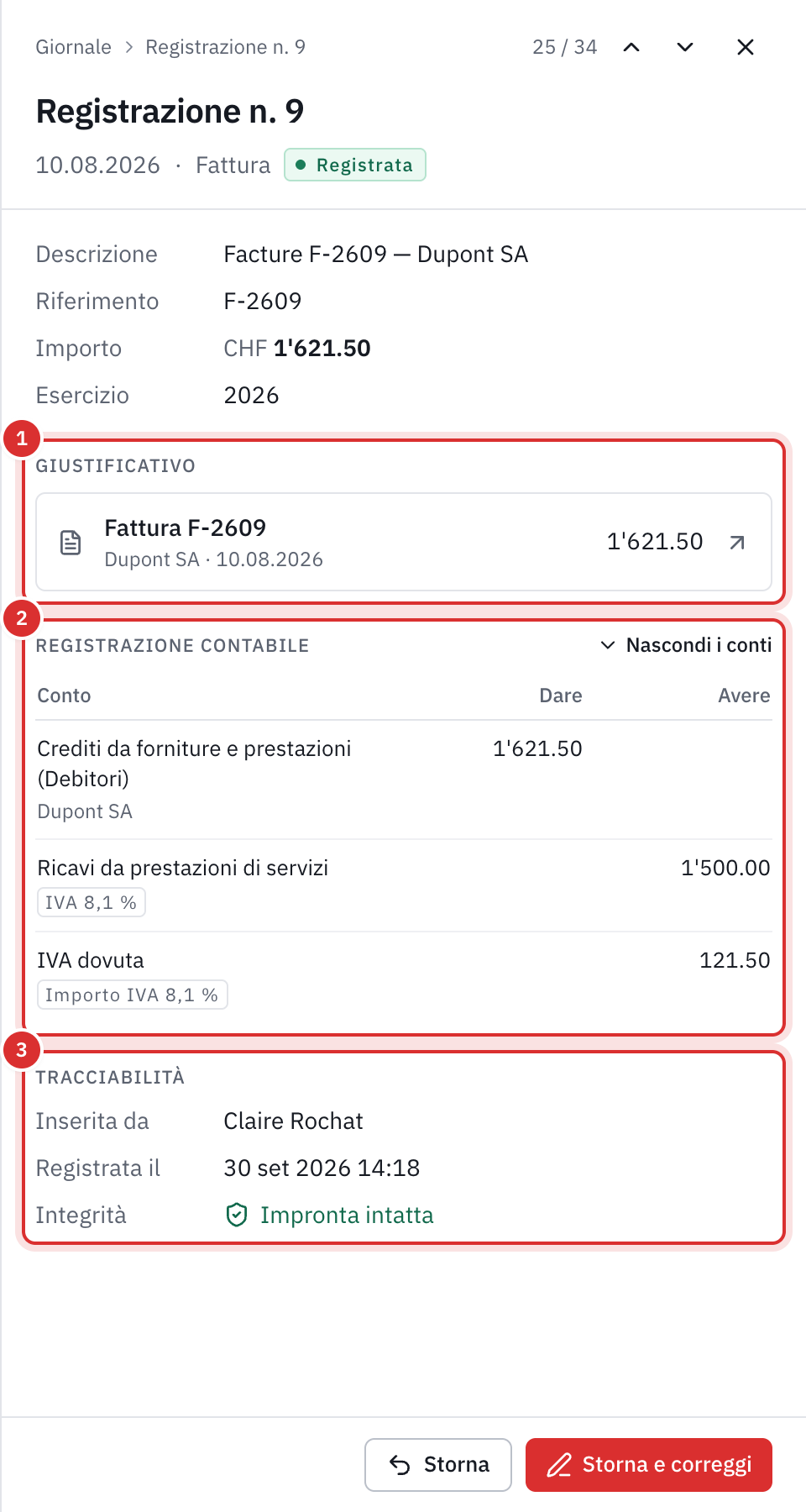 Il pannello di una registrazione: la fattura che la giustifica, le sue righe in dare e in avere e la sua impronta intatta.