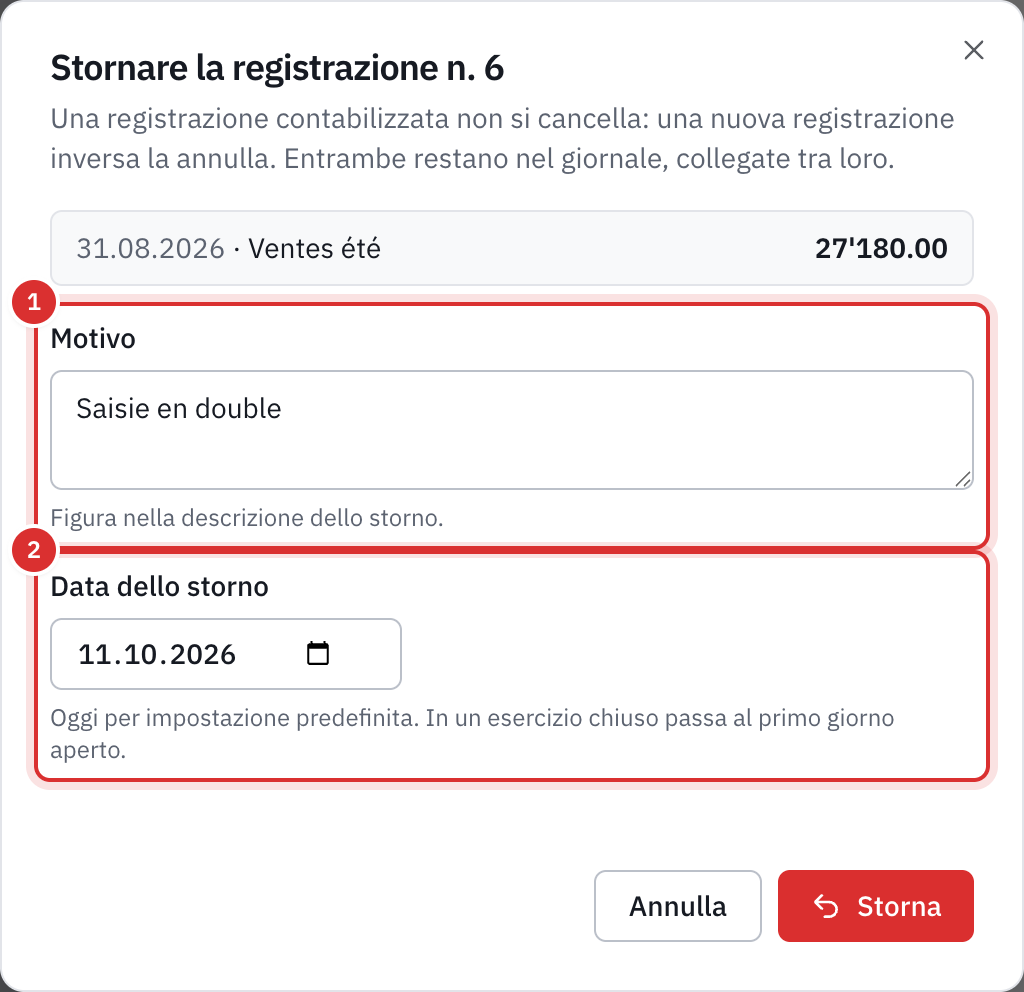 La finestra per stornare la registrazione n. 6: il motivo Inserita due volte e la data dello storno.