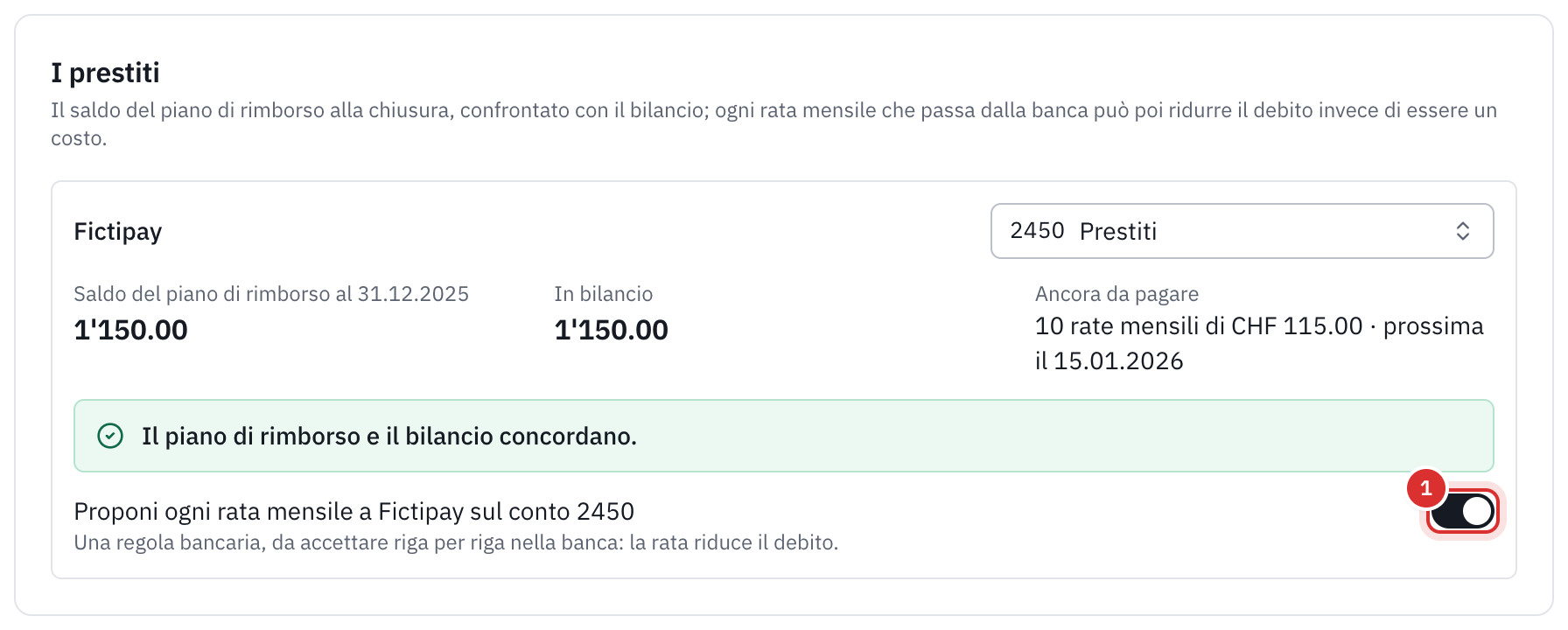 La sezione I prestiti: il saldo del piano di rimborso e quello del bilancio, che concordano, le dieci rate ancora da pagare e la regola bancaria proposta.