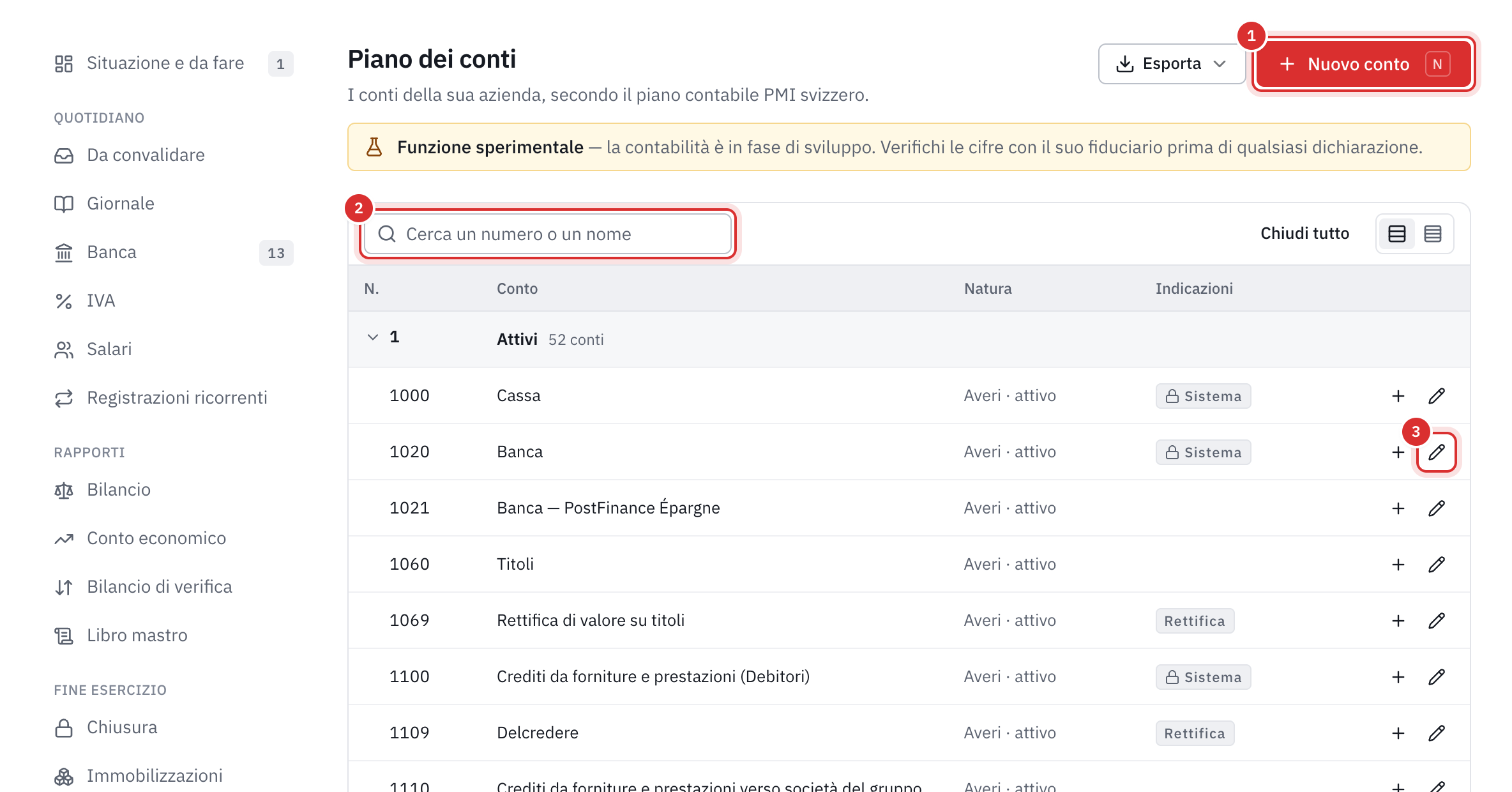 Il piano dei conti: i conti della classe 1 con la loro natura e le loro indicazioni, il pulsante Nuovo conto e la ricerca.