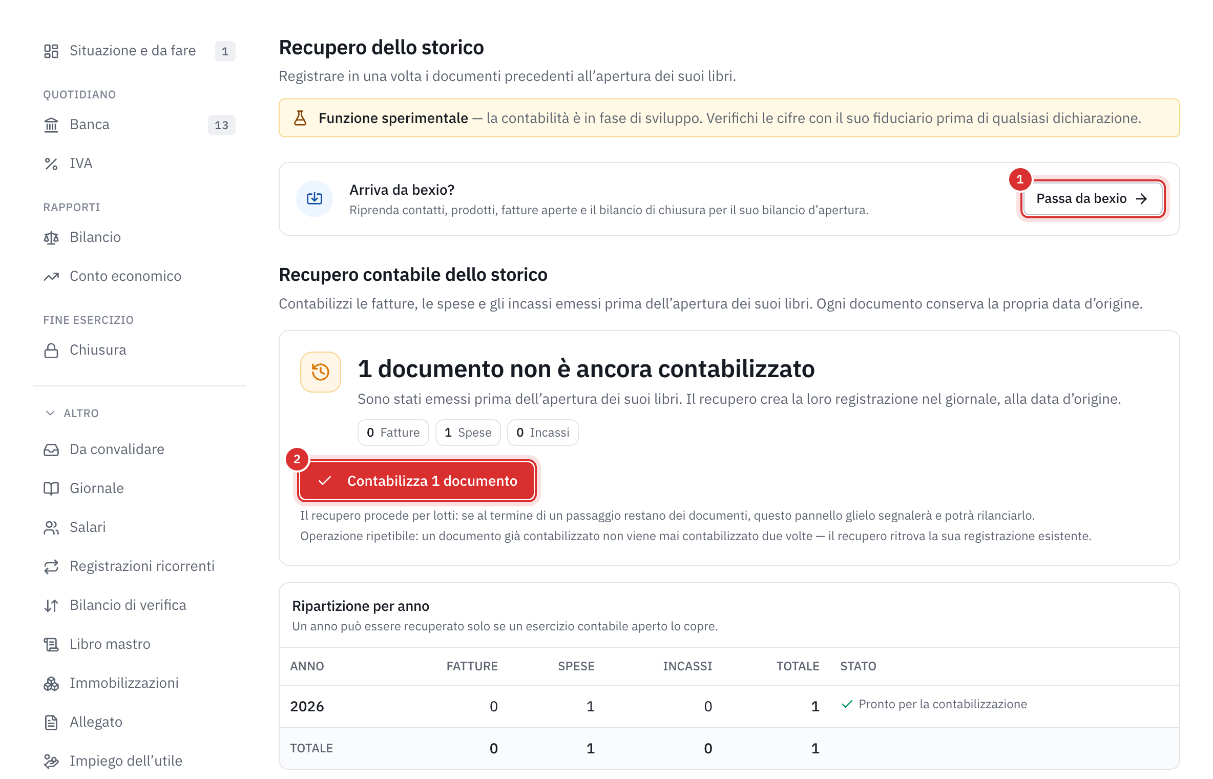 La pagina Recupero dello storico: il link Passare da bexio, un documento non ancora contabilizzato, il pulsante Contabilizza 1 documento e la ripartizione per anno.