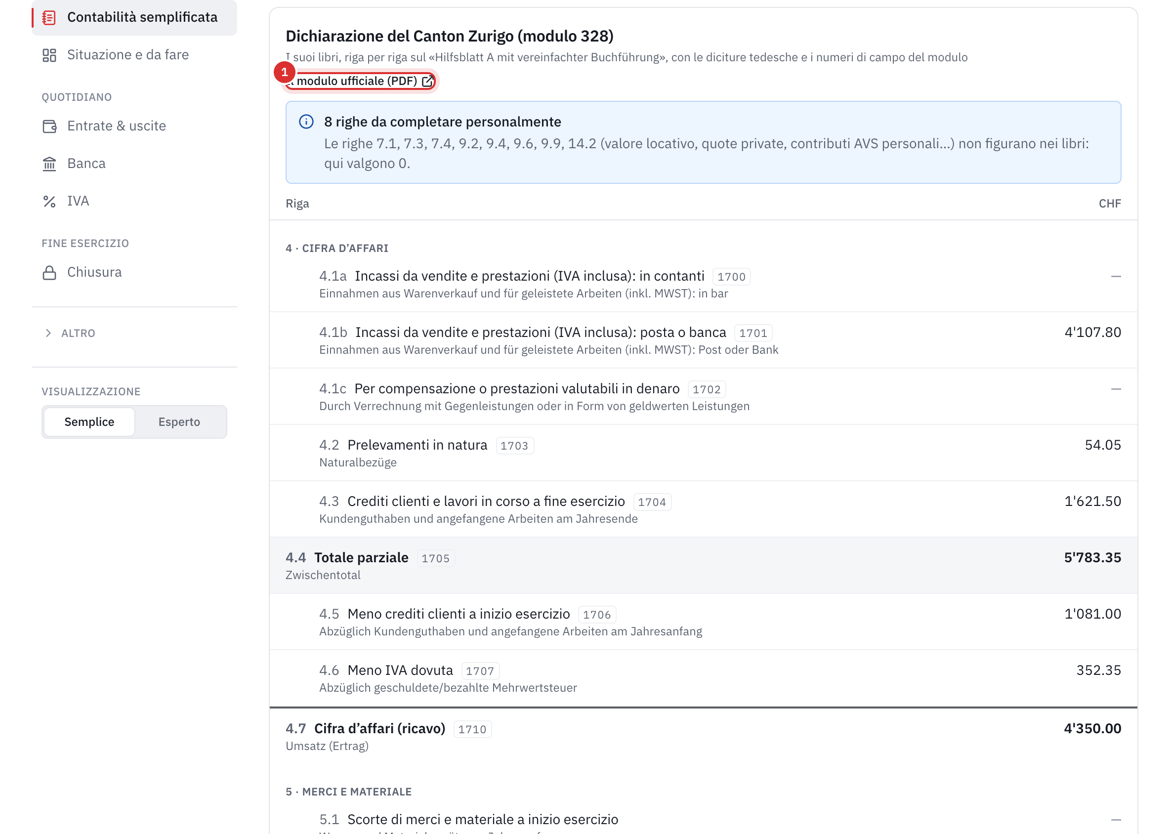 La vista Dichiarazione ZH 328: il link al modulo ufficiale, le righe da completare da sé e le righe della cifra d’affari.