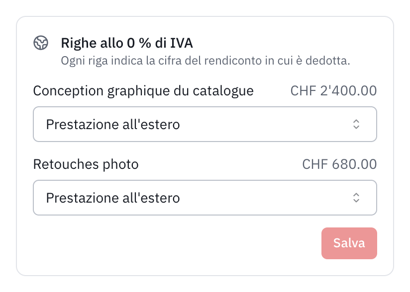 Il riquadro Righe allo 0 % di IVA di una fattura a un cliente in Germania: le due righe classificate Prestazione all’estero.