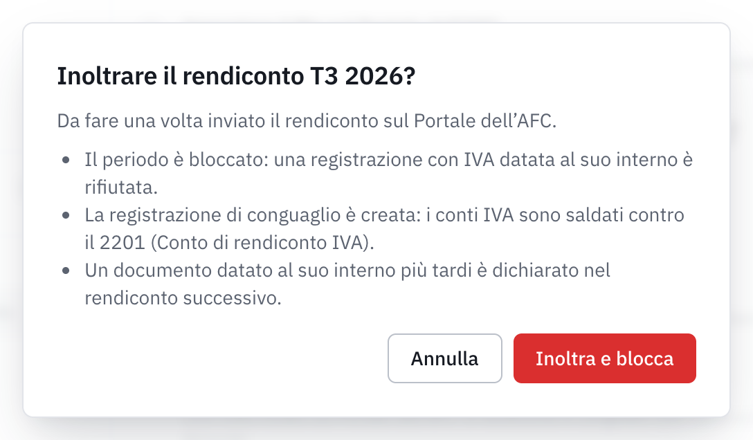 La finestra Inoltrare il rendiconto T3 2026?: il periodo viene bloccato, la registrazione di conguaglio viene creata, un documento tardivo va nel rendiconto successivo.