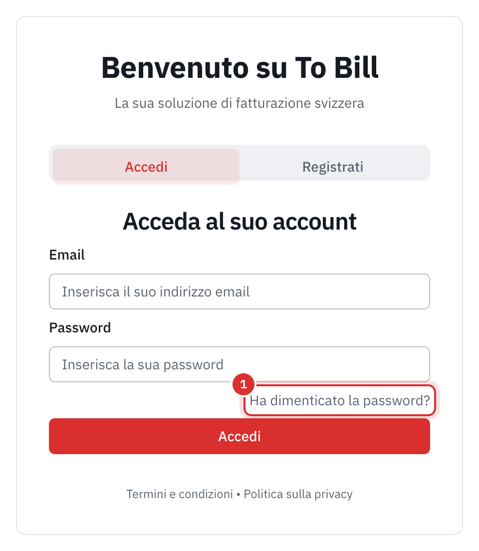 La pagina Acceda al suo account: l’e-mail, la password e il link Ha dimenticato la password?