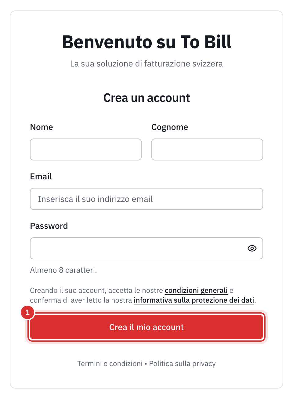Il modulo Crea un account: nome, cognome, e-mail, password, la frase sulle condizioni generali e il pulsante Crea il mio account.
