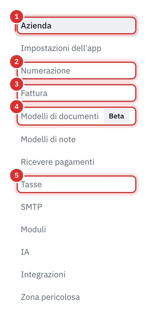 Il menu delle impostazioni, con Azienda, Numerazione, Fattura, Modelli di documenti e Tasse evidenziati.