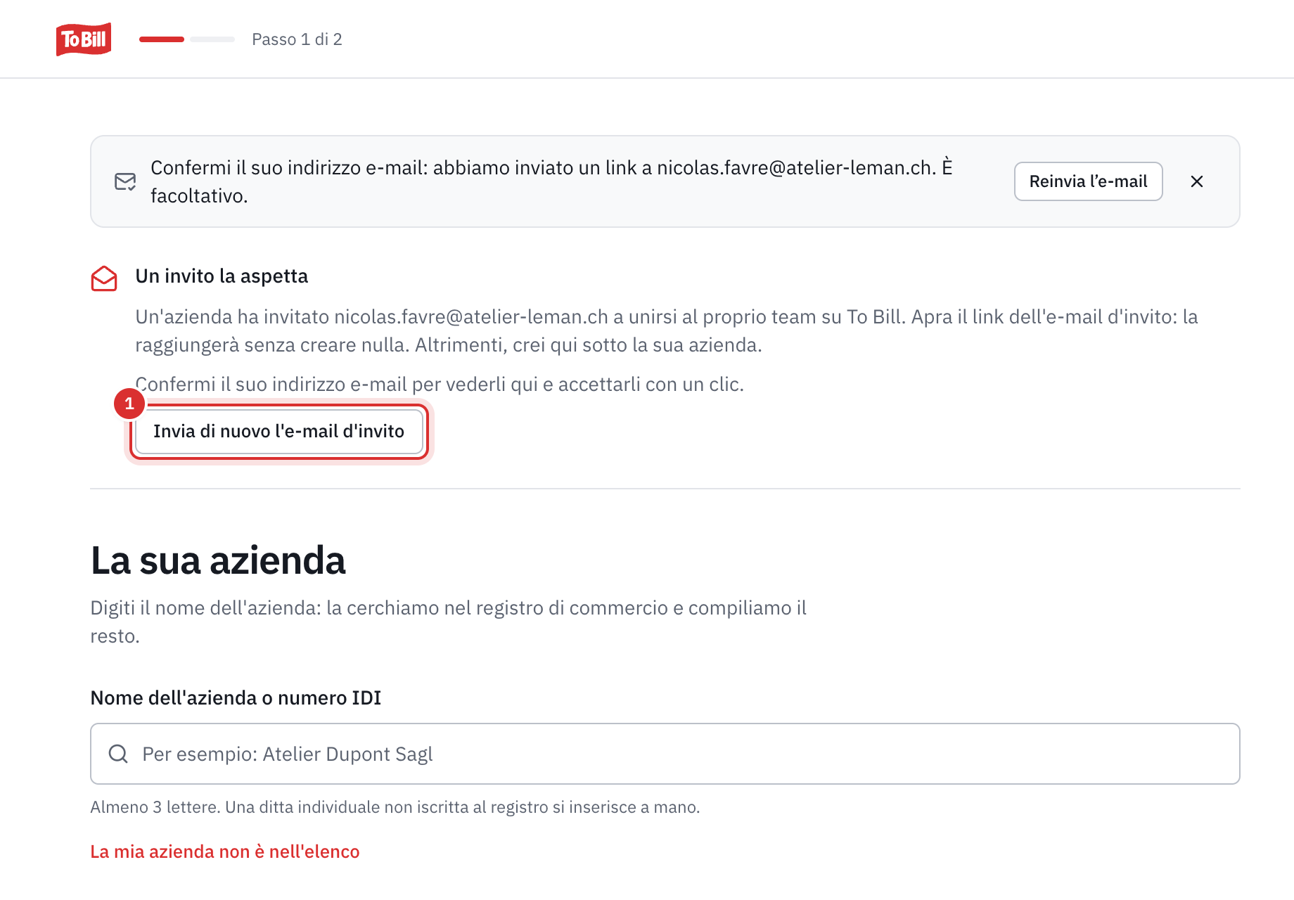 La schermata La sua azienda di un account appena creato: il promemoria Confermi il suo indirizzo e-mail, poi Un invito la aspetta, con la frase sulla conferma dell’indirizzo e il pulsante Inviare di nuovo l’e-mail d’invito.