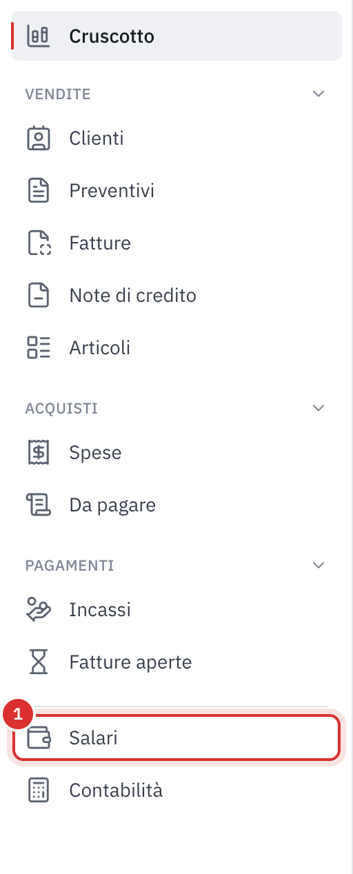 Il menu di sinistra: Vendite, Acquisti e Pagamenti, poi la nuova voce Salari, prima di Contabilità.