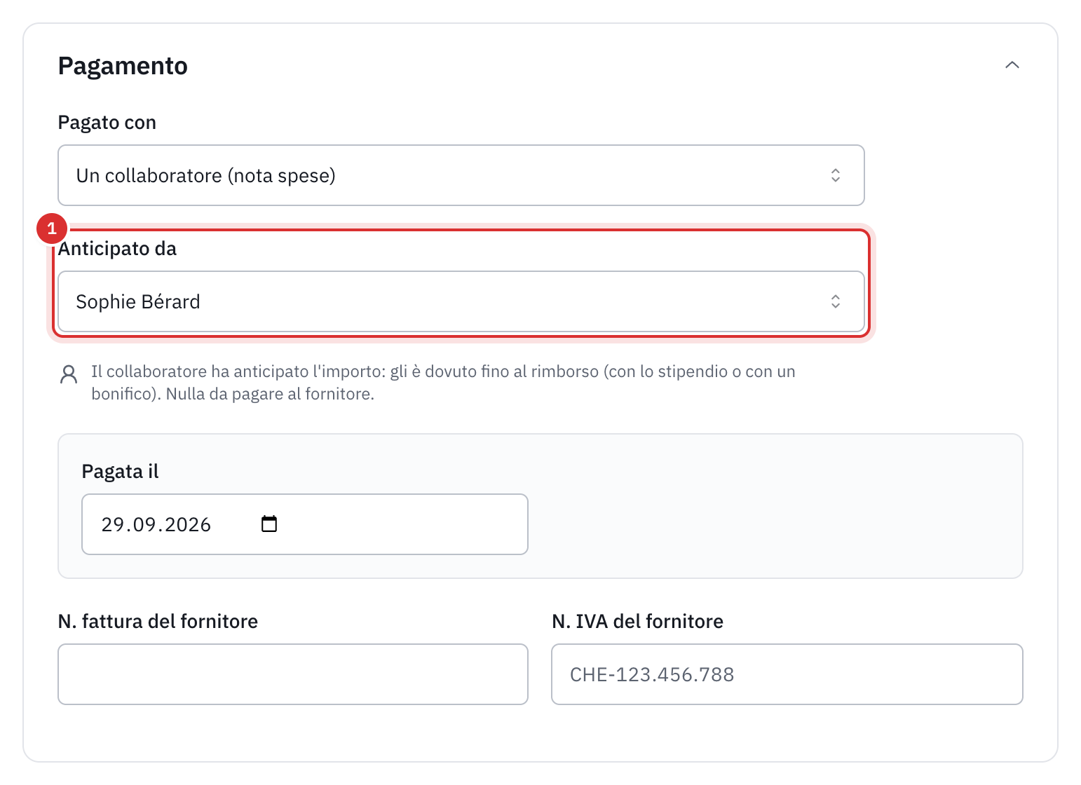 Il pagamento di una spesa pagata da Un collaboratore (nota spese), con il campo Anticipato da: Sophie Bérard.