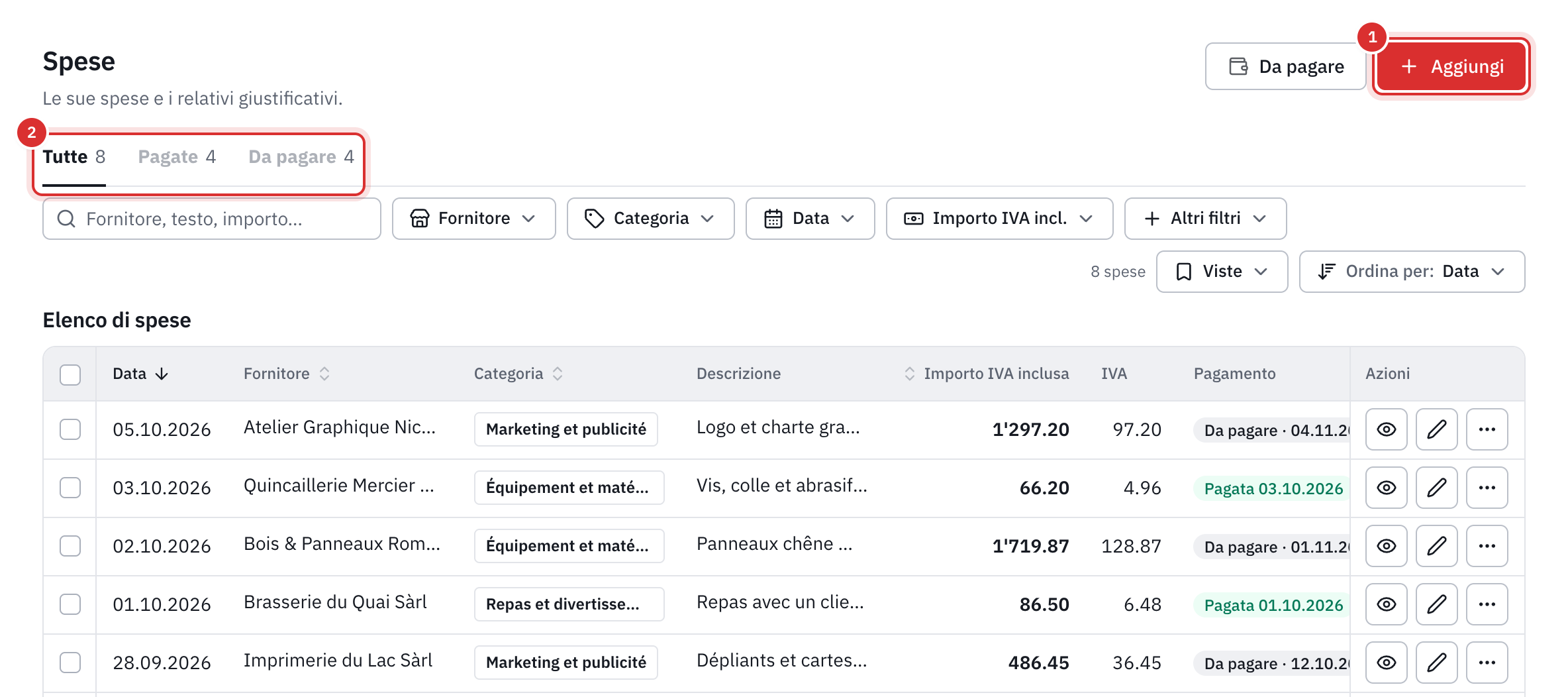 La lista delle spese: il pulsante Aggiungi, le schede Tutte, Pagate e Da pagare, poi la tabella con il fornitore, la categoria, l’importo IVA inclusa, l’IVA e il pagamento.
