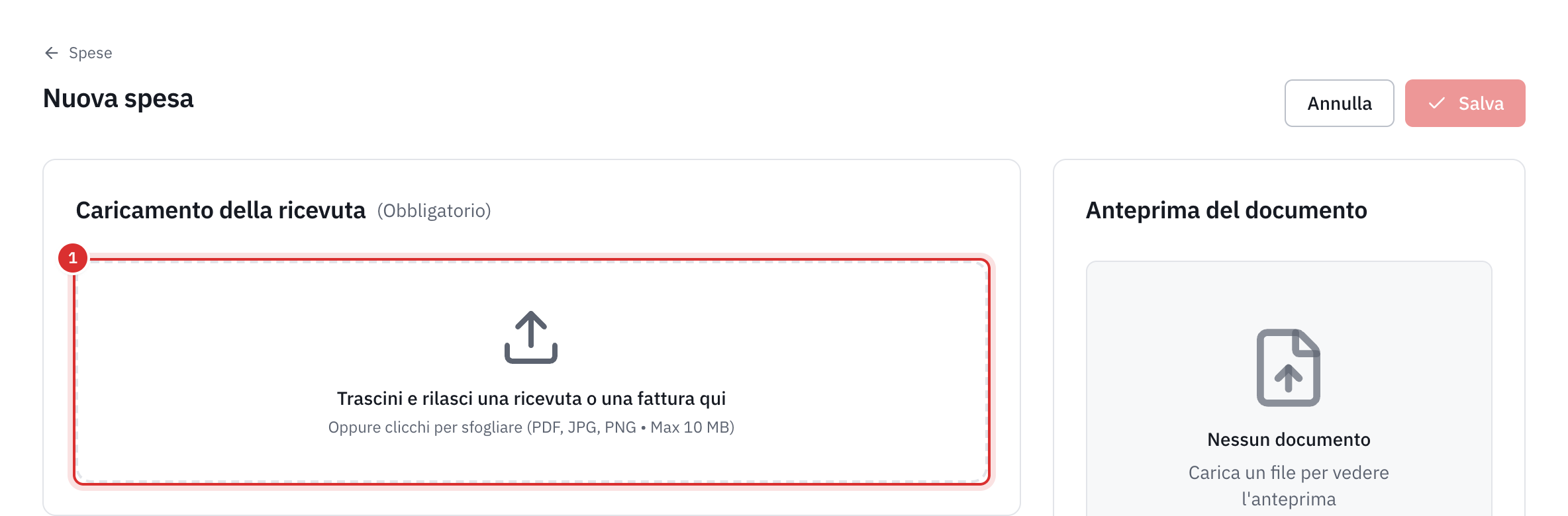 La pagina Nuova spesa: il riquadro Caricamento della ricevuta, contrassegnato come obbligatorio, e l’anteprima del documento a destra.