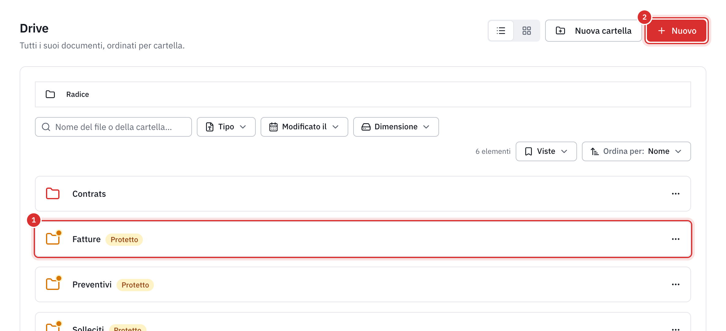 Il Drive: la cartella Contratti, la cartella Spese contrassegnata come Protetto, un file PDF e i pulsanti Nuova cartella e Nuovo.
