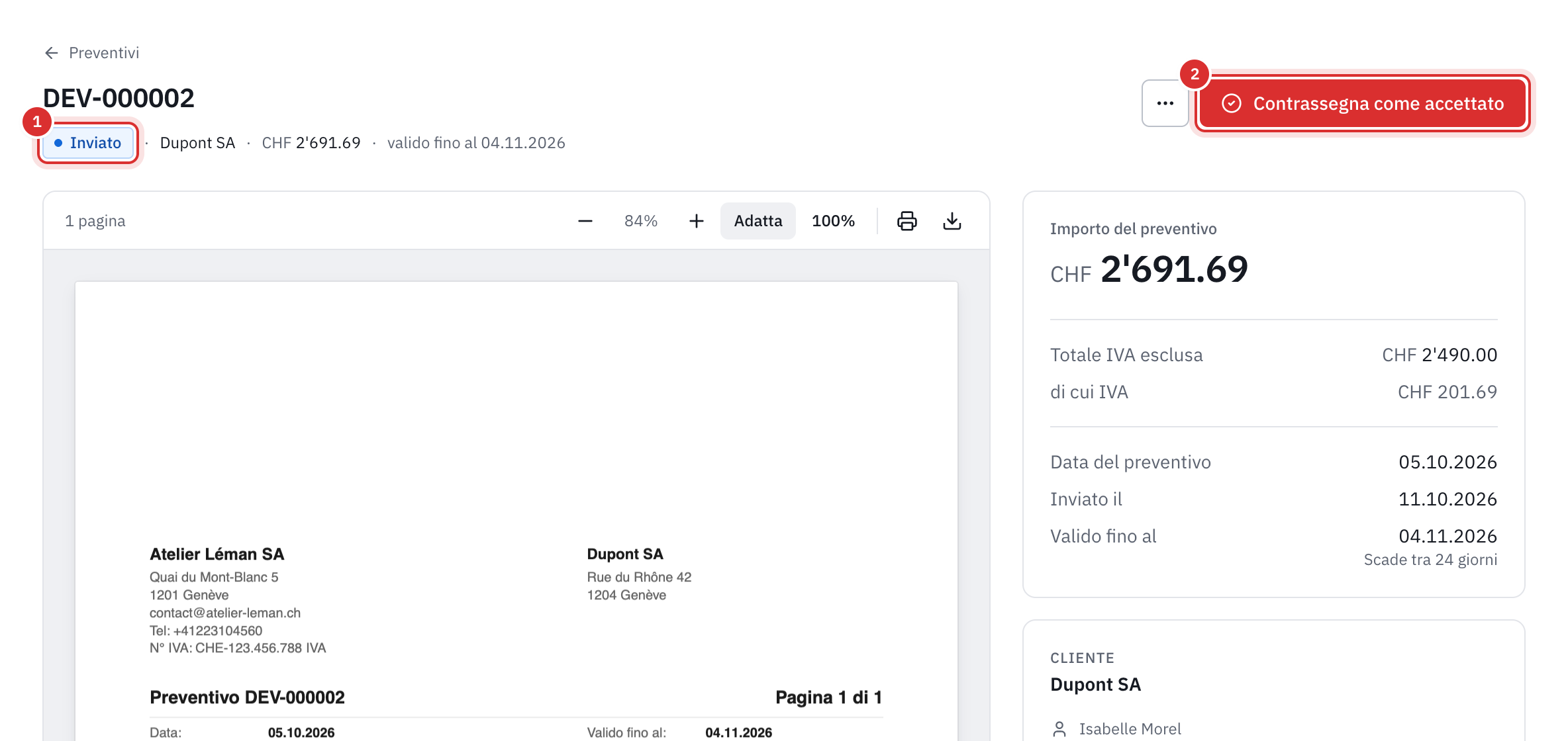 La pagina di un preventivo inviato: lo stato Inviato, il pulsante Contrassegna come accettato, l’anteprima del PDF e l’importo del preventivo.