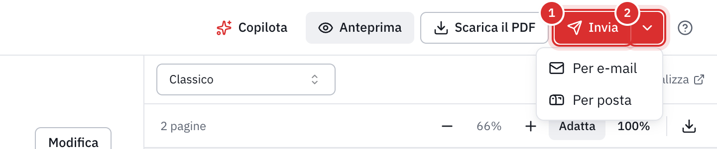 La parte alta dell’editor di una fattura: il pulsante Invia e la sua freccia aperta, con Per e-mail e Per posta.