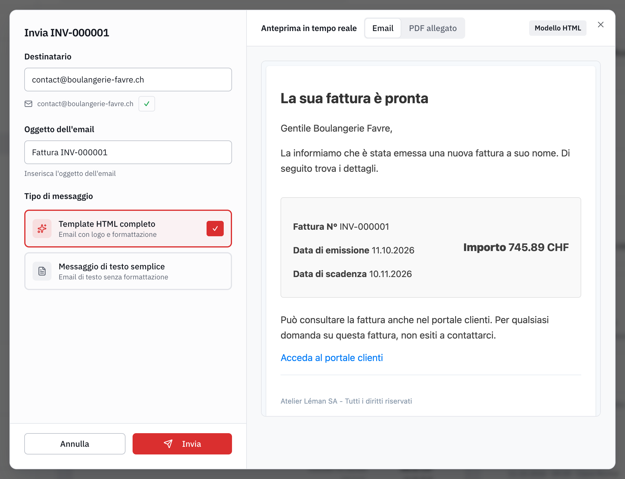 La finestra di invio: il destinatario, gli altri contatti, l’oggetto, il tipo di messaggio e l’anteprima dell’e-mail con il link al portale clienti.