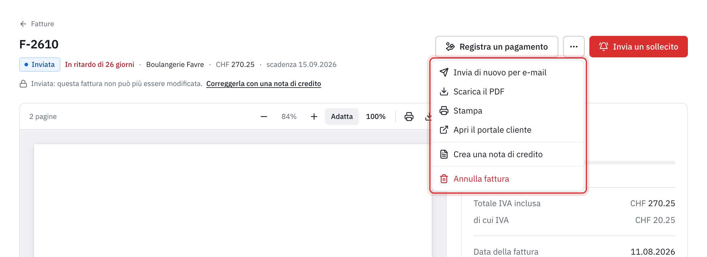Il menu Altre azioni di una fattura inviata: Invia di nuovo per e-mail, Scarica il PDF, Stampa, Apri il portale cliente, Crea una nota di credito e Annulla fattura.