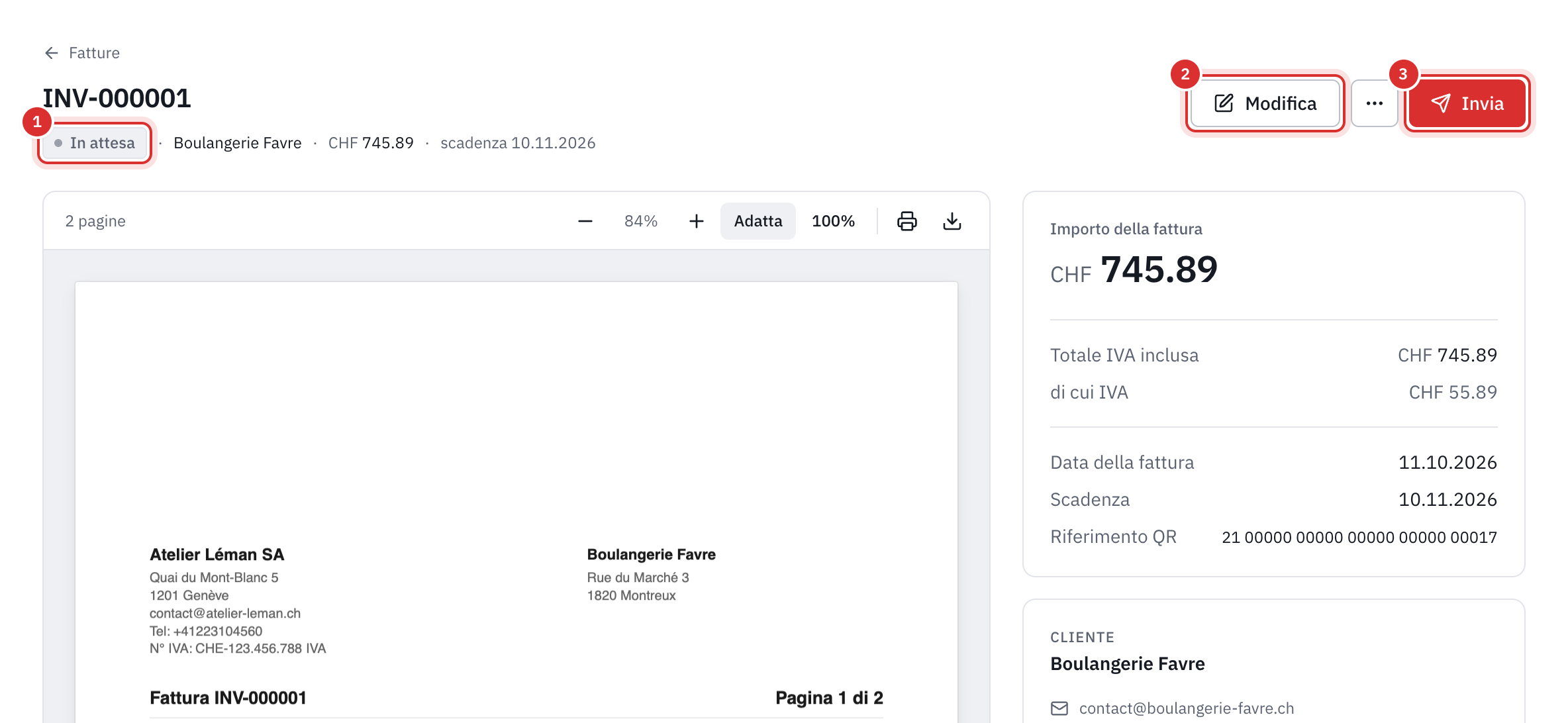 La pagina di una fattura in attesa: il suo stato, i pulsanti Modifica e Invia, l’anteprima del PDF, l’importo, le date e il riferimento QR.