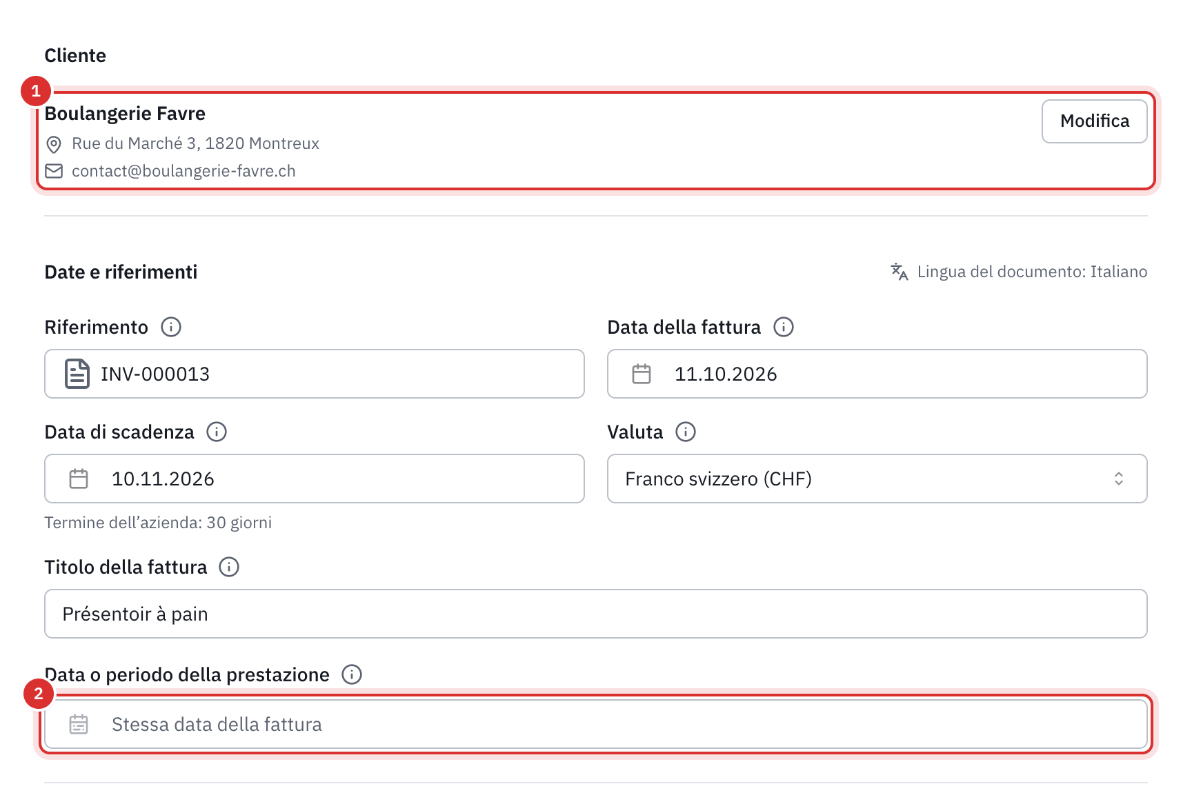 Le parti Cliente e Date e riferimenti: il cliente scelto con il suo indirizzo, il riferimento, le date di fattura e di scadenza con il termine, la valuta, il titolo e il campo Data o periodo della prestazione.