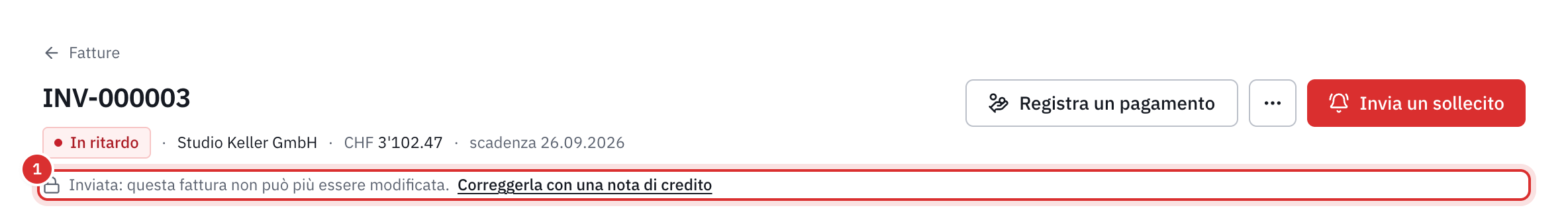 L’intestazione di una fattura in ritardo, con il messaggio Inviata: questa fattura non può più essere modificata e il link Correggerla con una nota di credito.