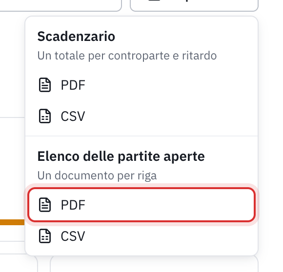 Il menu Esporta: Scadenzario in PDF o CSV, Elenco delle partite aperte in PDF o CSV.
