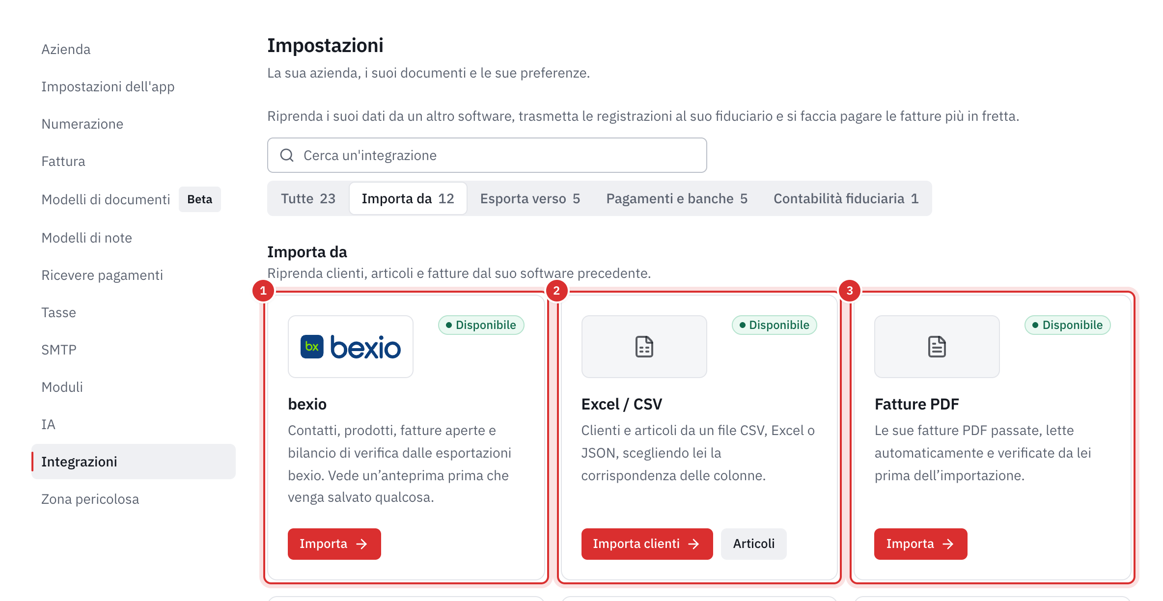 Impostazioni, Integrazioni, categoria Importa da: le schede bexio, Excel / CSV e Fatture PDF, disponibili.