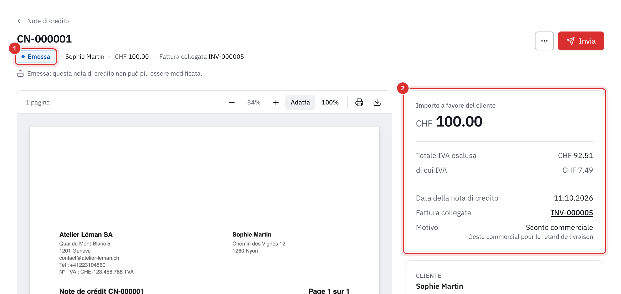 La pagina di una nota di credito emessa: il suo stato Emessa, il pulsante Invia, l’importo a favore del cliente, il totale IVA esclusa, l’IVA, la fattura collegata, il motivo e l’anteprima del PDF.