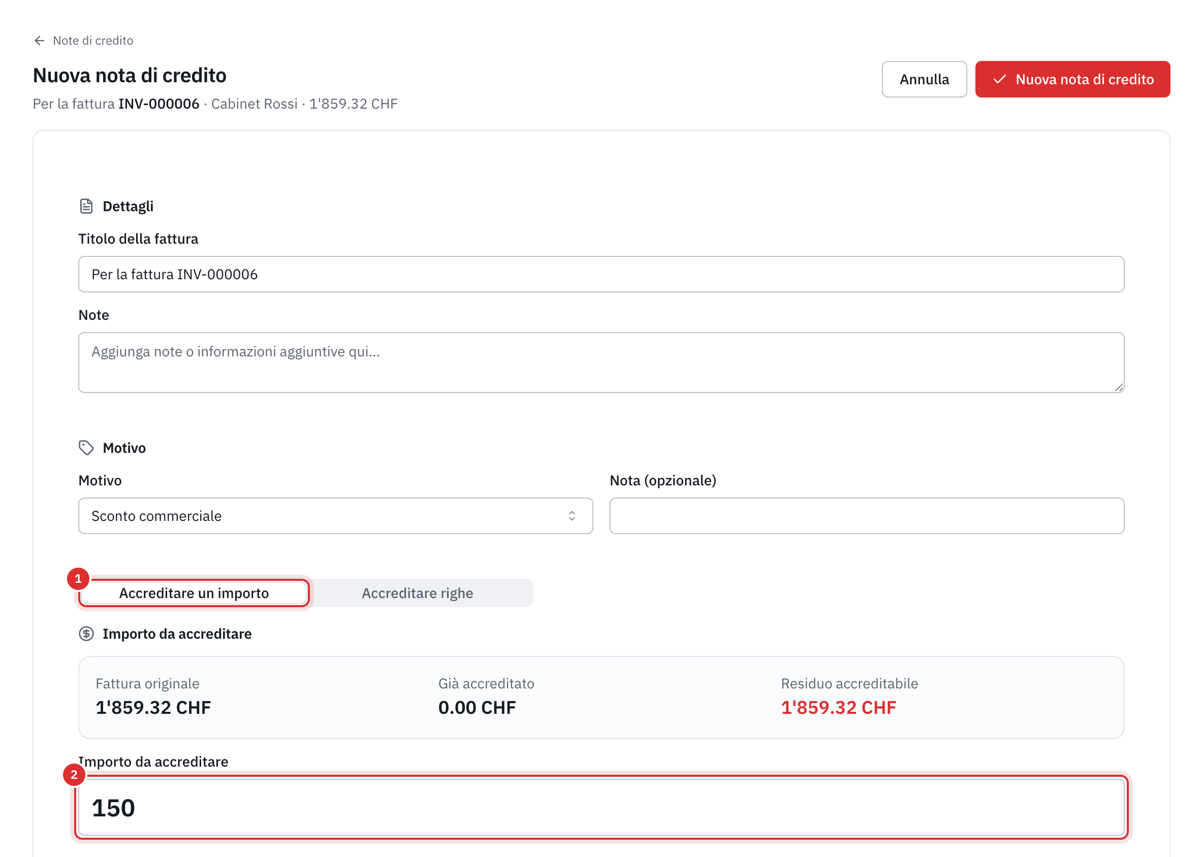 La creazione di una nota di credito per una fattura: il titolo, le note, il motivo Sconto commerciale, la scheda Accreditare un importo, la fattura originale, l’importo già accreditato, il residuo accreditabile e l’importo di 150 CHF.