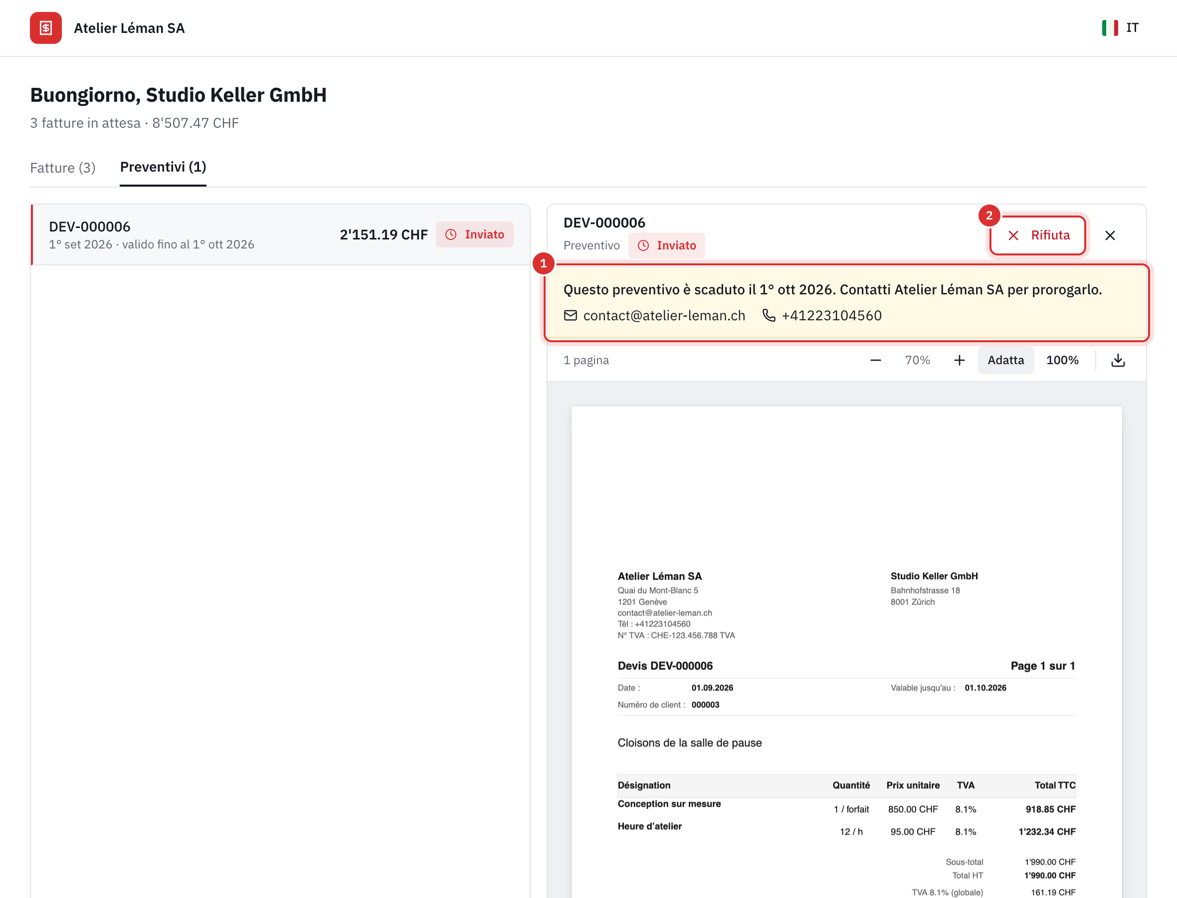 Un preventivo scaduto aperto nel portale del cliente: al posto di Accetta, il messaggio Questo preventivo è scaduto il 01 ott 2026. Contatti Atelier Léman SA per prorogarlo., con l’e-mail e il telefono dell’azienda, e il pulsante Rifiuta.