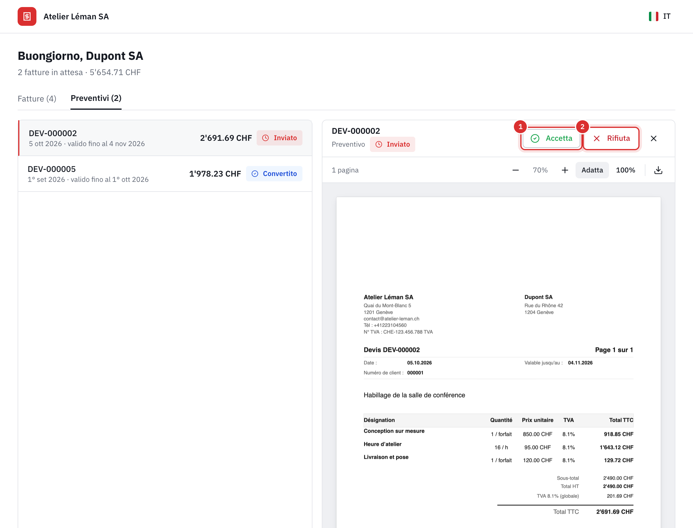 Un preventivo inviato aperto nel portale: i pulsanti Accetta e Rifiuta e il PDF del preventivo adattato alla larghezza, con il numero di pagine, lo zoom e il download.