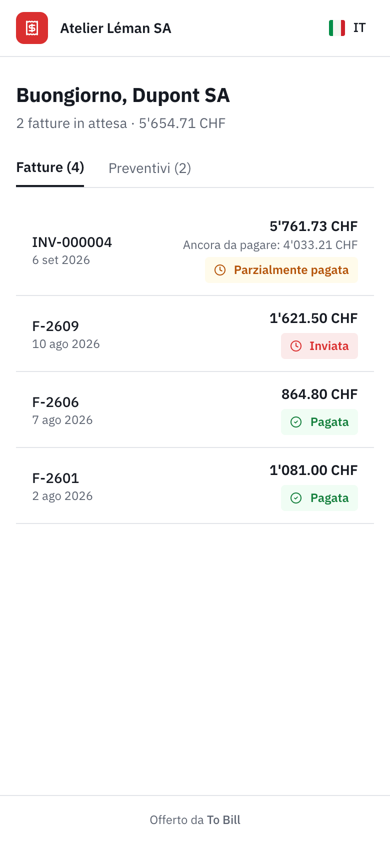 Il portale clienti su un telefono, con l’elenco delle fatture.