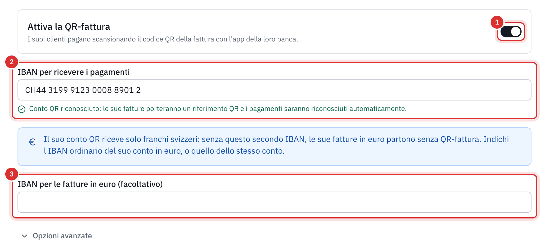 La sezione Fattura QR delle impostazioni: l’interruttore Attiva la fattura QR, il QR-IBAN in IBAN per ricevere i pagamenti, la riga Conto QR riconosciuto, la nota sugli euro e il campo IBAN per le fatture in euro.