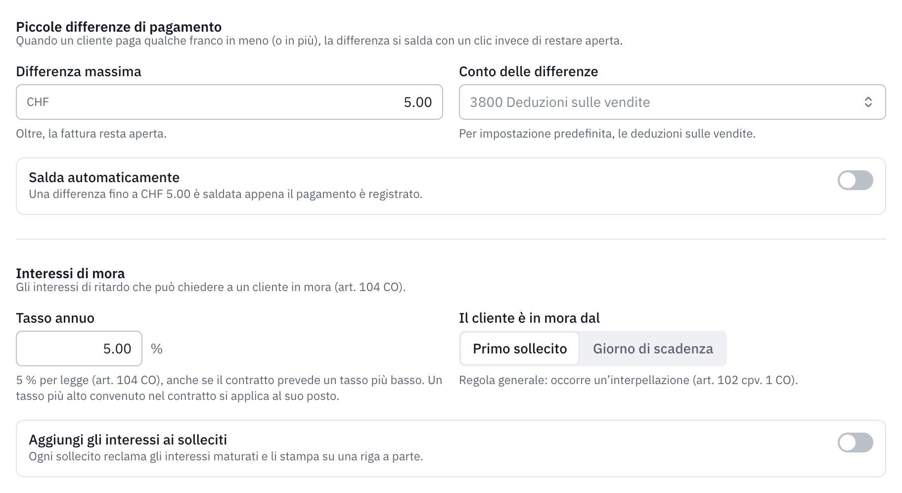 La sezione Differenze e interessi di mora: le piccole differenze di pagamento, il tasso annuo del 5 %, l’inizio della mora al primo sollecito e l’opzione di aggiungere gli interessi ai solleciti.