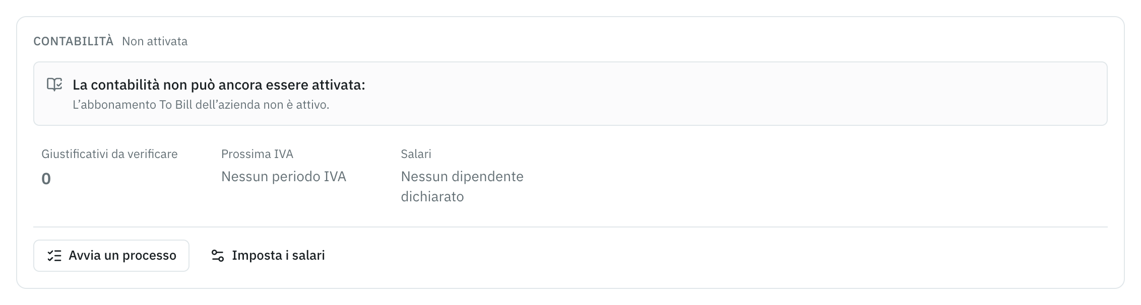 Il riquadro Contabilità di un mandato: la contabilità non può ancora essere attivata, perché l’abbonamento dell’azienda non è attivo.