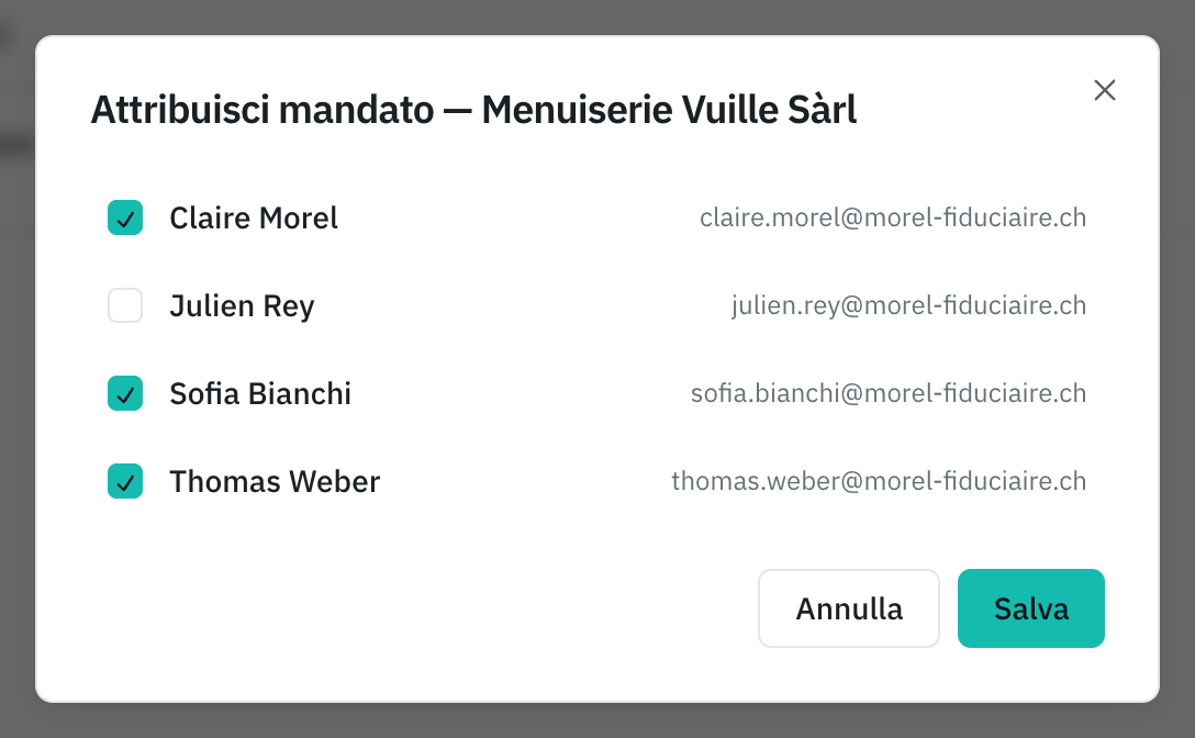 La finestra Attribuisci mandato: le persone dello studio, selezionate quelle che se ne occupano.