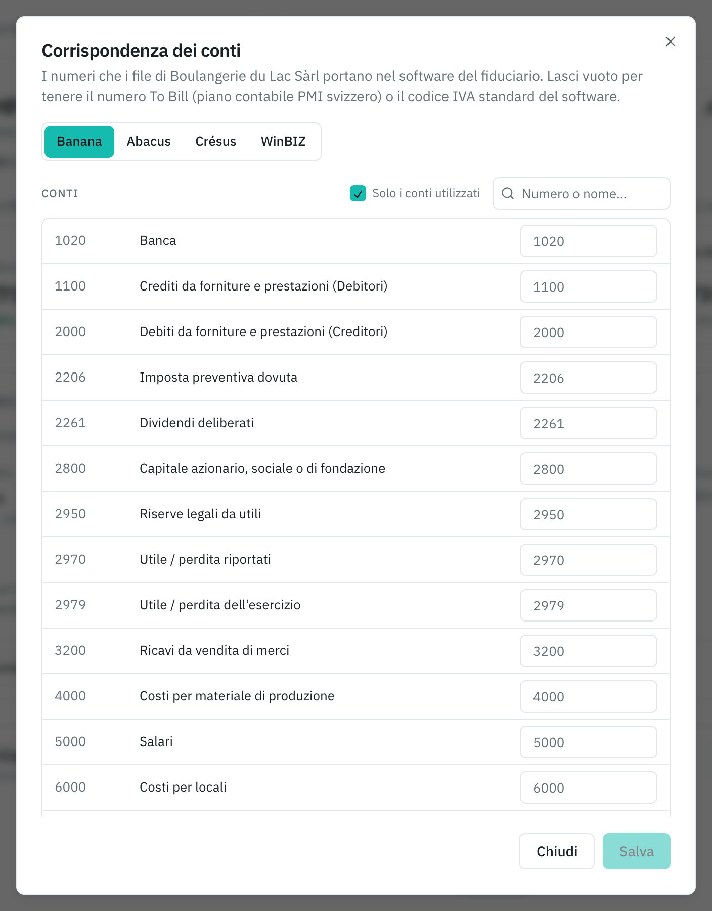 La finestra Corrispondenza dei conti: i conti To Bill e, accanto, il loro numero nel software del fiduciario, poi i codici IVA.