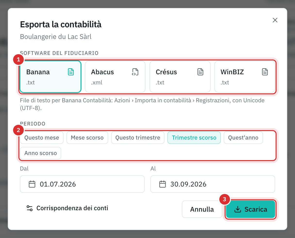La finestra Esporta la contabilità: Banana scelto, il periodo del trimestre scorso e il pulsante Scarica.
