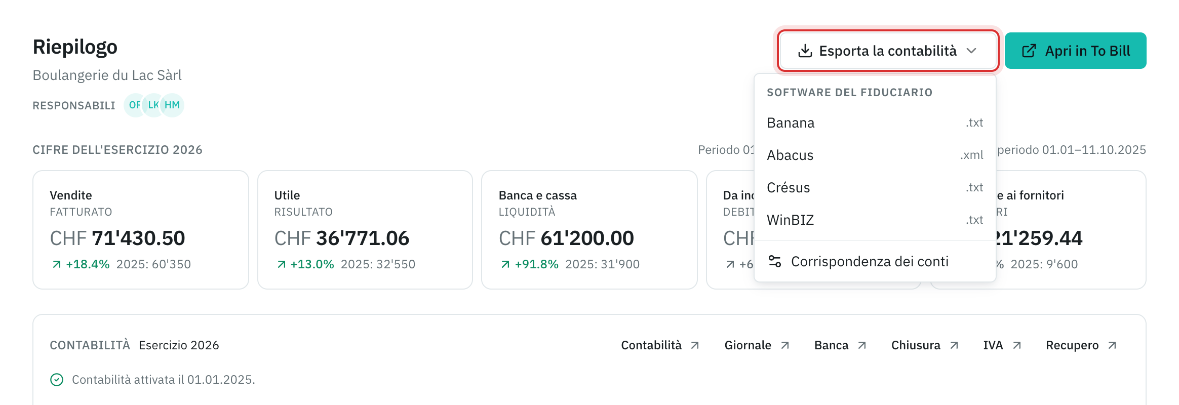 Il menu Esporta la contabilità: Banana, Abacus, Crésus, WinBIZ e Corrispondenza dei conti.